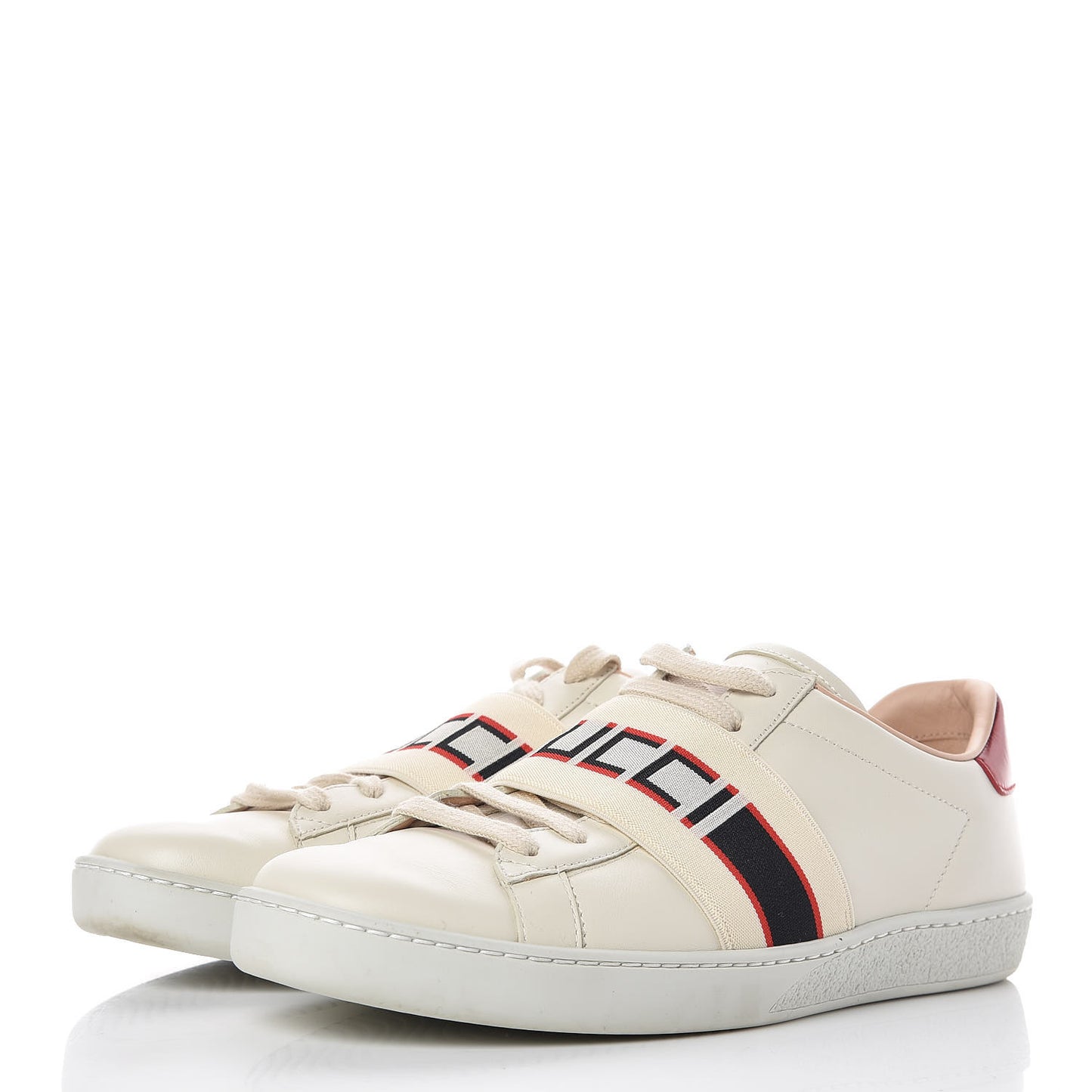 Calfskin Stripe Womens New Ace Sneakers 37.5 New Mystic White Ecru Red Flame