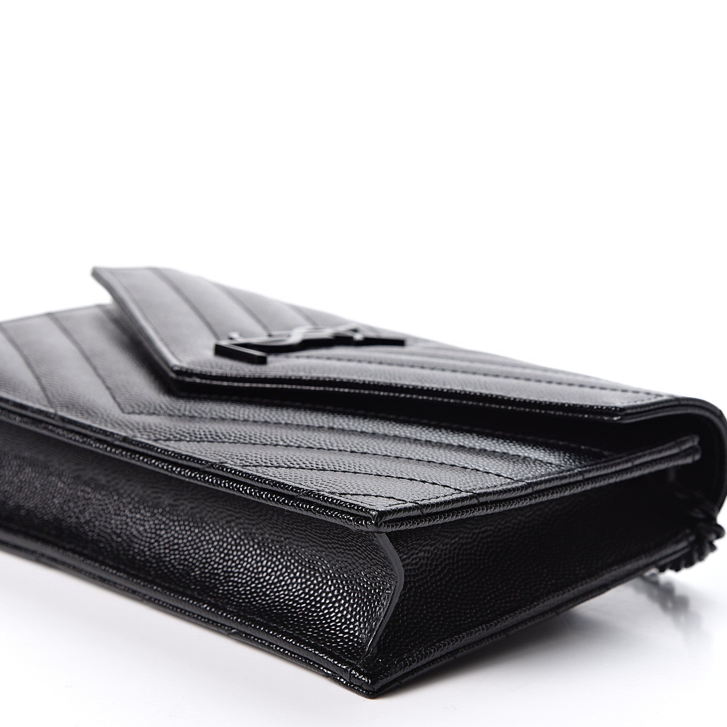 Saint Laurent Grain De Poudre Matelasse Chevron Monogram Envelope Chain Wallet Black 9 of 10