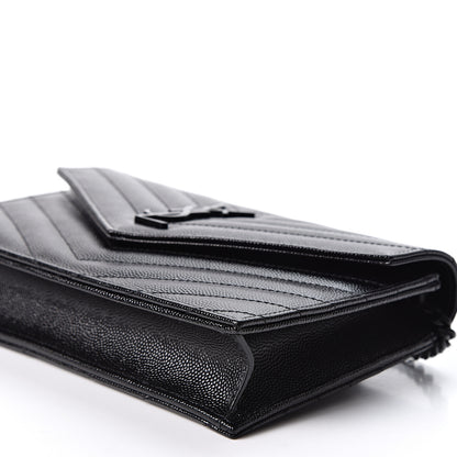 Saint Laurent Grain De Poudre Matelasse Chevron Monogram Envelope Chain Wallet Black 9 of 10