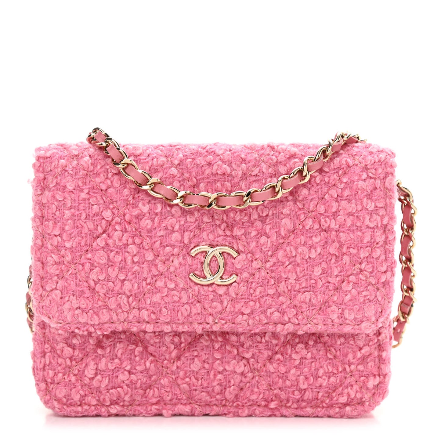 Tweed Quilted Flap Chain Waist Bag Pink