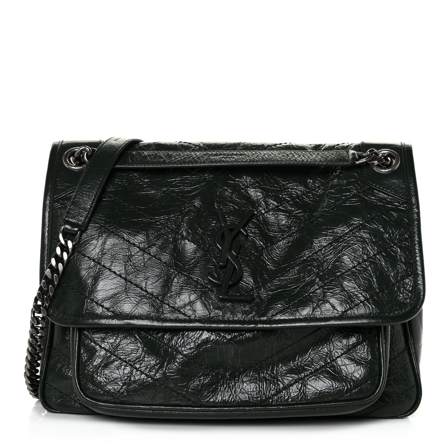 Crinkled Calfskin Matelasse Monogram Medium Niki Chain Satchel Dark Green