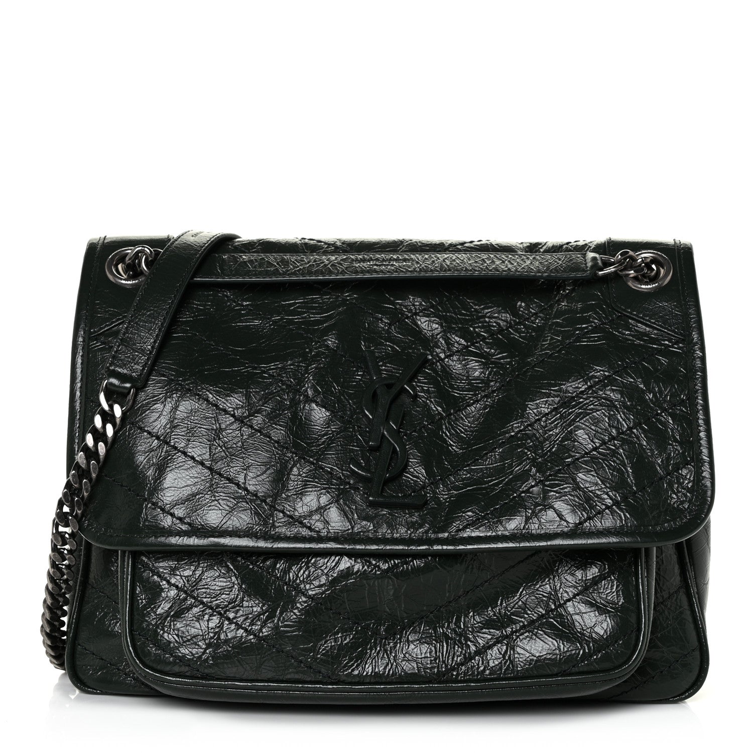 Saint Laurent Crinkled Calfskin Matelasse Monogram Medium Niki Chain Satchel Dark Green 1 of 11