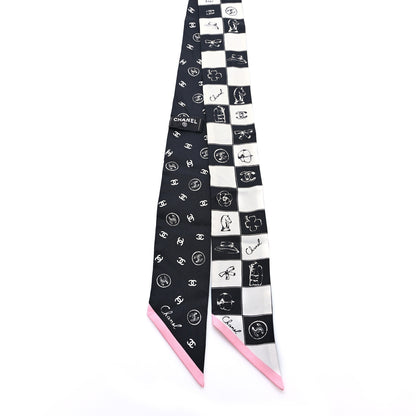 Chanel Silk Checkered Lucky Symbols CC Slim Bandeau Scarf Black White 2 of 4