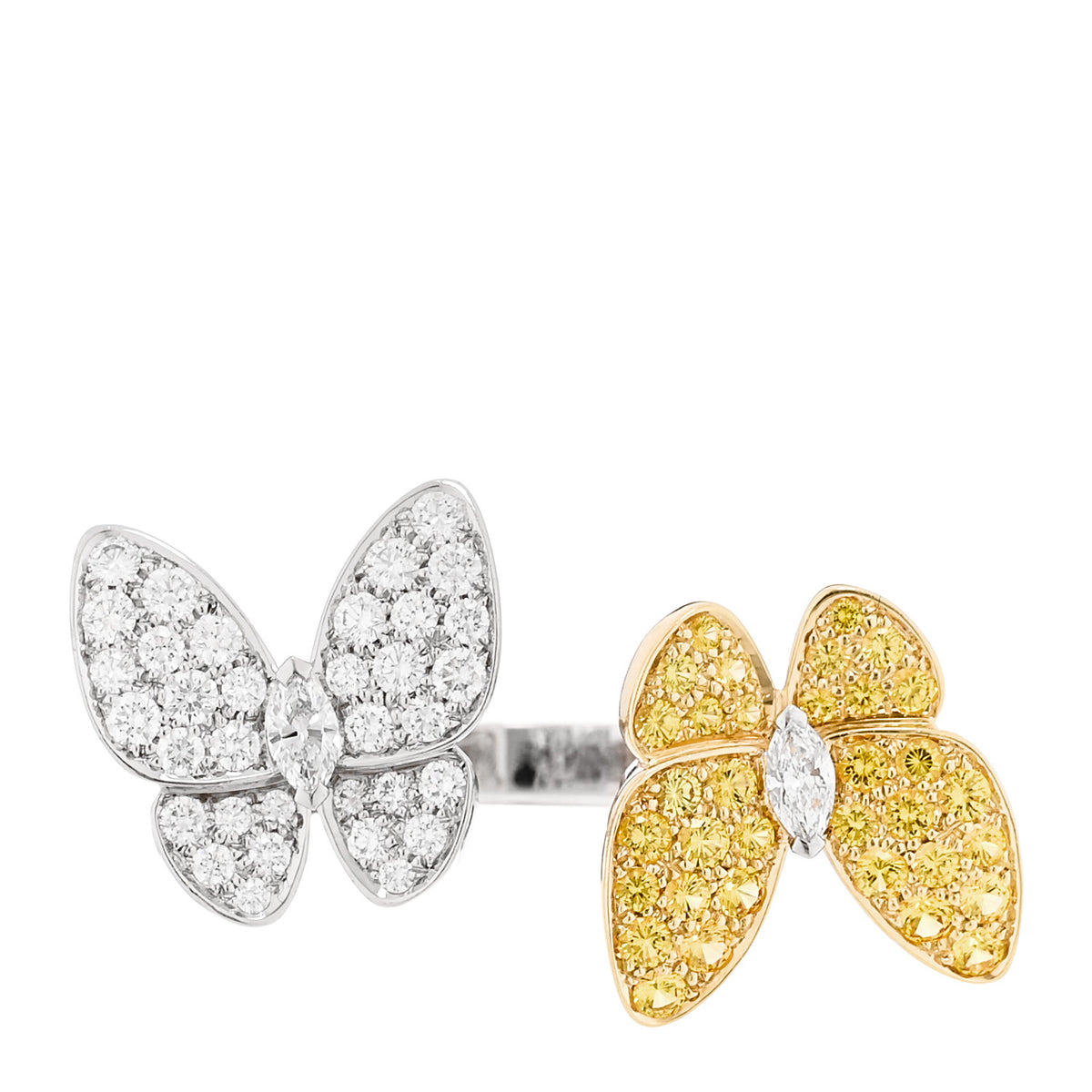 18K White Yellow Gold Diamond Yellow Sapphire Two Butterfly Between The Finger Ring  50 5.25