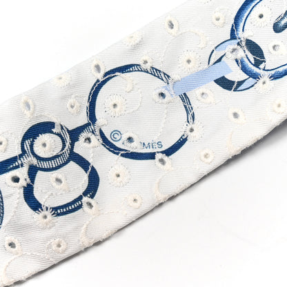 Hermes Silk Embroidered Do Re Boucles Broderie Anglaise Twilly Bleu White Marine 4 of 4