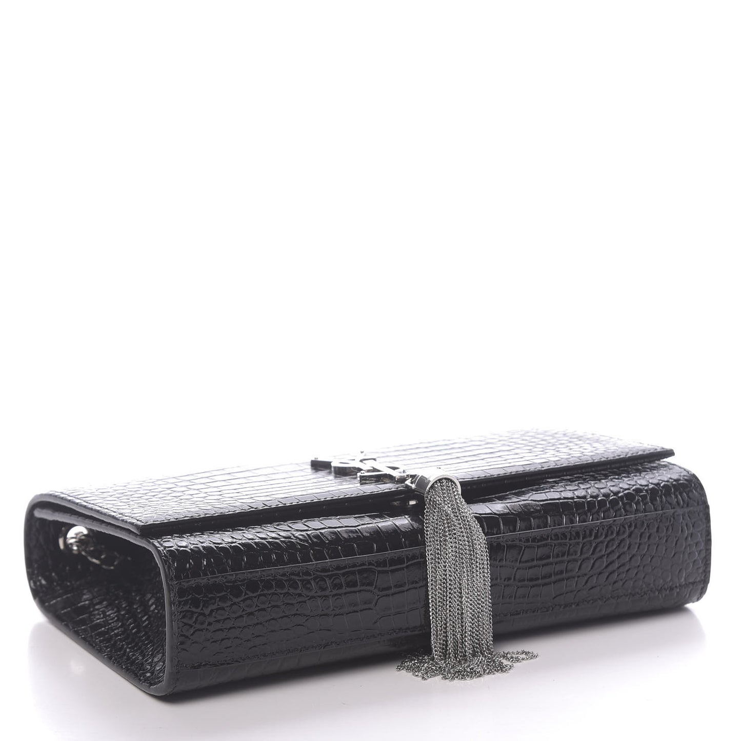 Calfskin Crocodile Embossed Medium Classic Monogram Kate Tassel Satchel Black