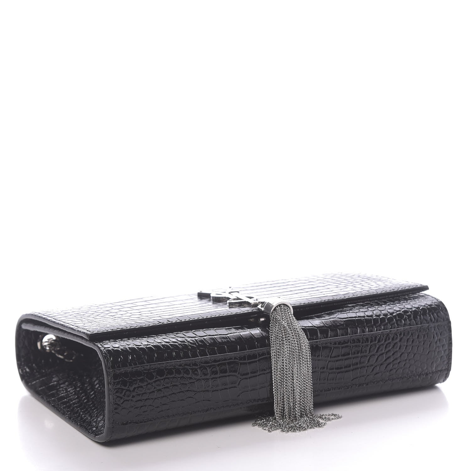 Saint Laurent Calfskin Crocodile Embossed Medium Classic Monogram Kate Tassel Satchel Black 4 of 9