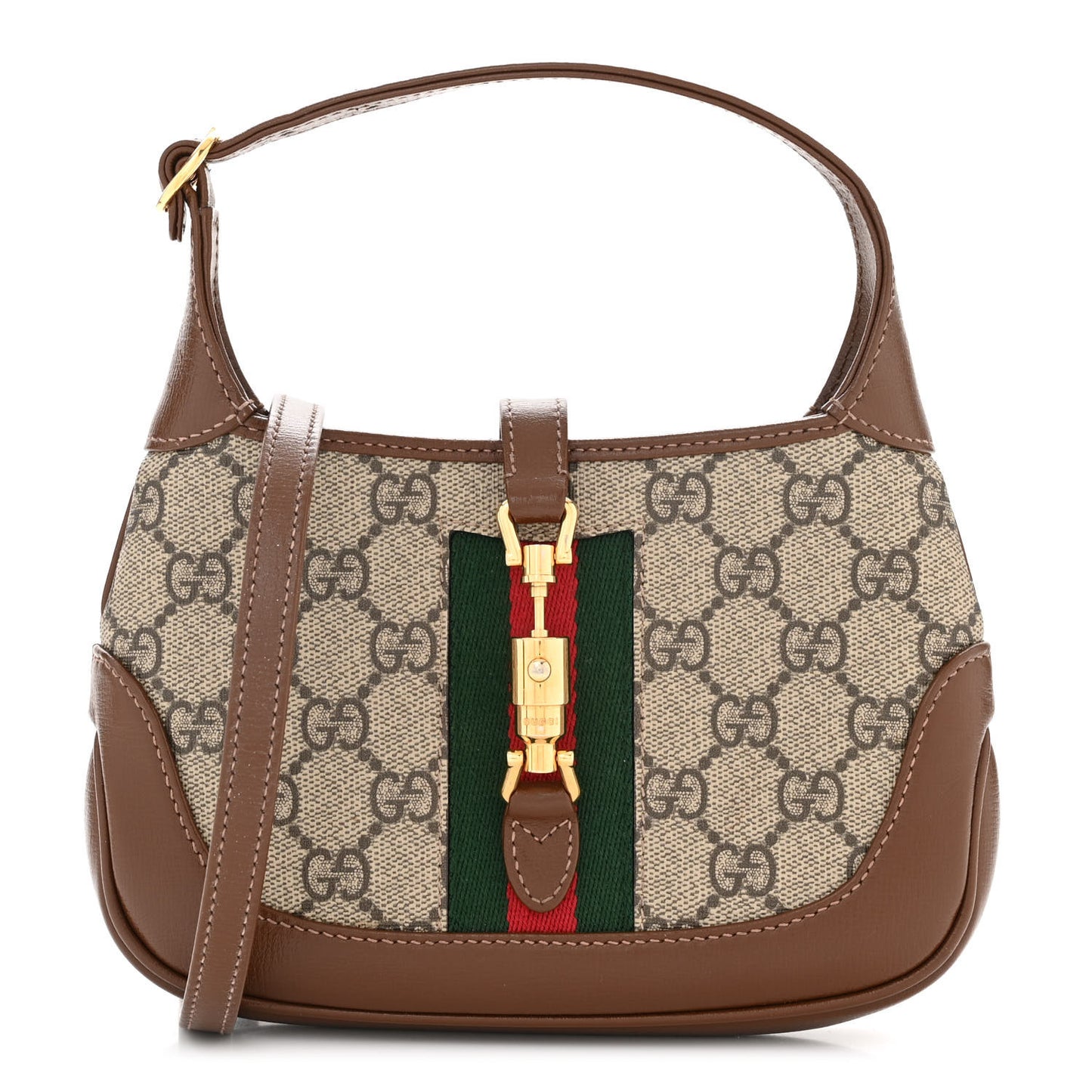 GG Supreme Monogram Azalea Calfskin Web Mini Jackie 1961 Hobo Beige Ebony Brown Sugar