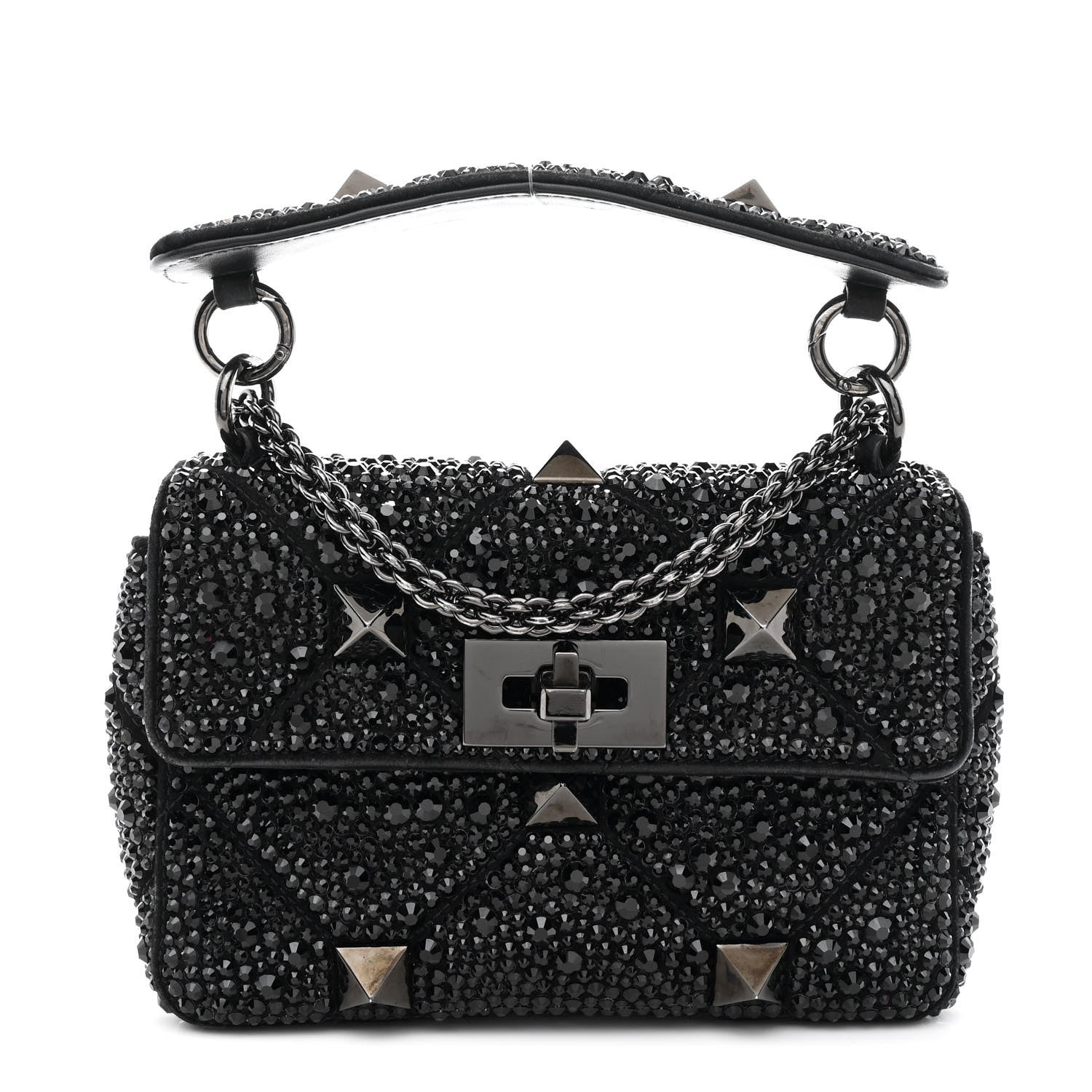Valentino Garavani Crystal Suede Lacquer Monochrome Medium Roman Stud Shoulder Bag Black 1 of 9