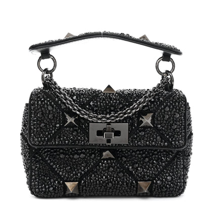 Valentino Garavani Crystal Suede Lacquer Monochrome Medium Roman Stud Shoulder Bag Black 1 of 9