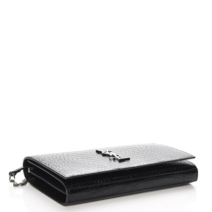 Saint Laurent Calfskin Crocodile Embossed Monogram Chain Wallet Nero Black 3 of 7
