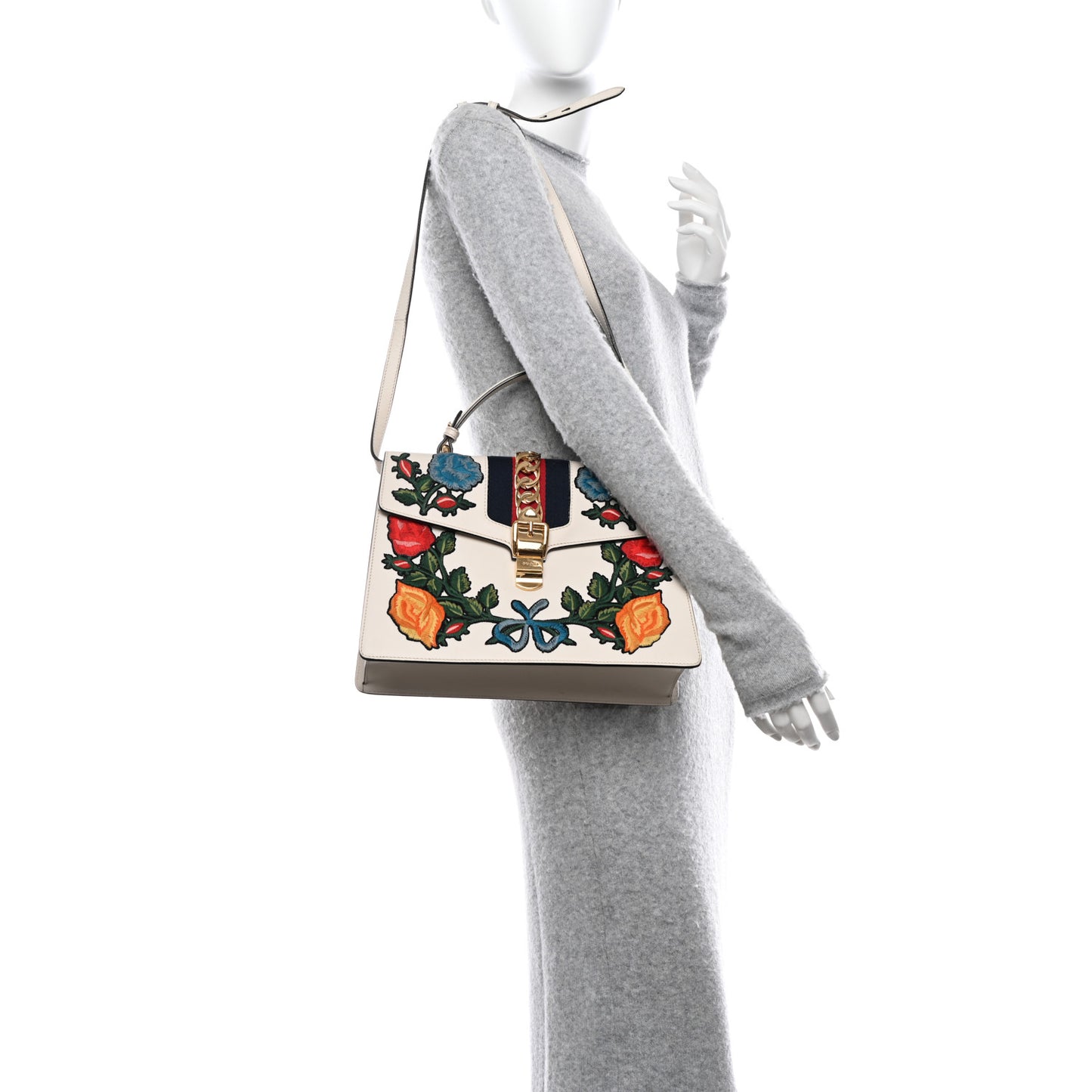 Calfskin Floral Medium Sylvie Top Handle Bag Off White