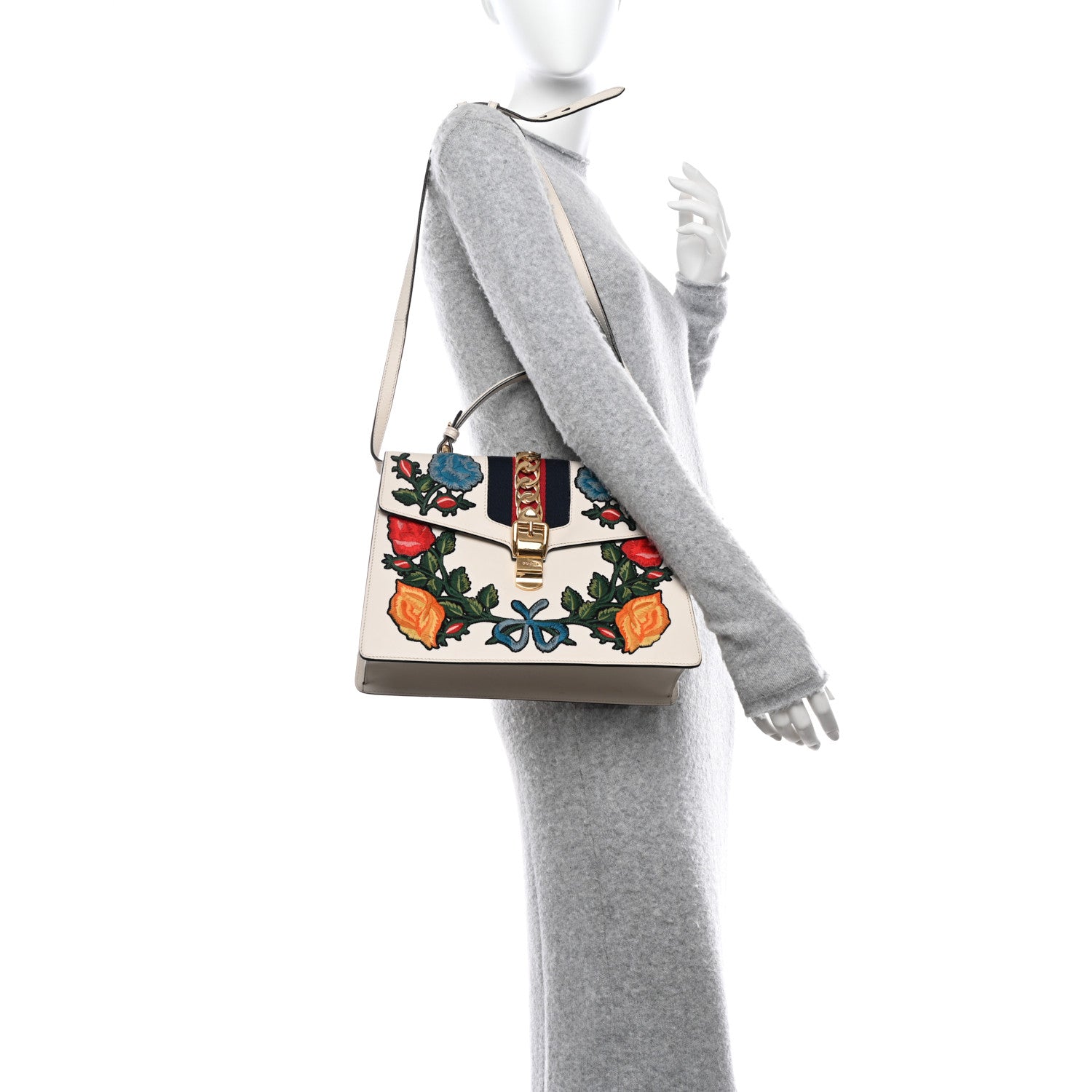 Gucci Calfskin Floral Medium Sylvie Top Handle Bag Off White 2 of 11