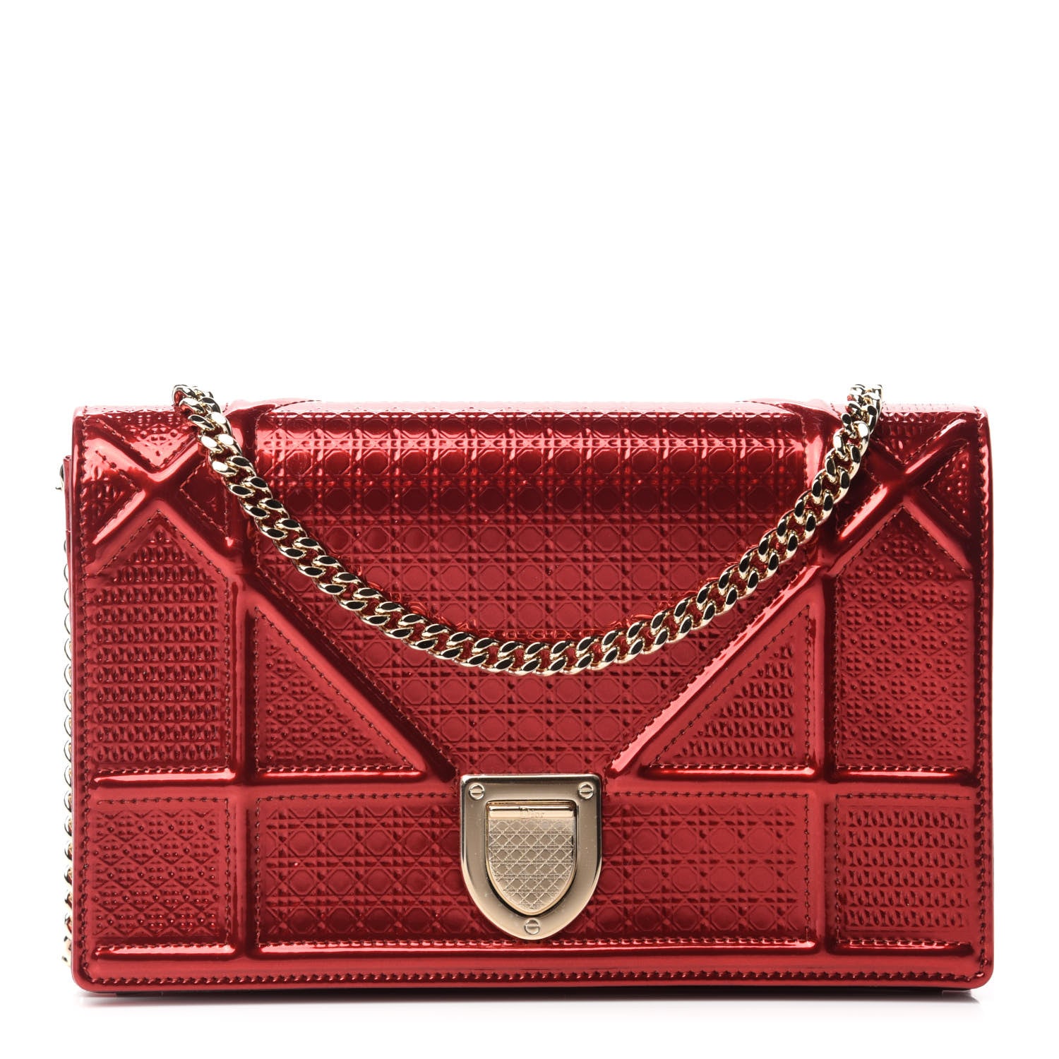 Christian Dior Metallic Patent Micro-Cannage Diorama Wallet on Chain Pouch Red 1 of 10
