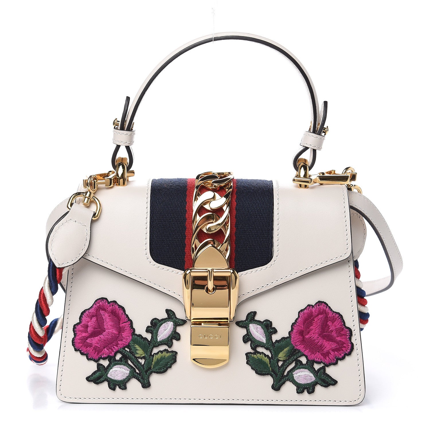 Gucci Calfskin Embroidered Mini Sylvie Top Handle Bag White 1 of 12