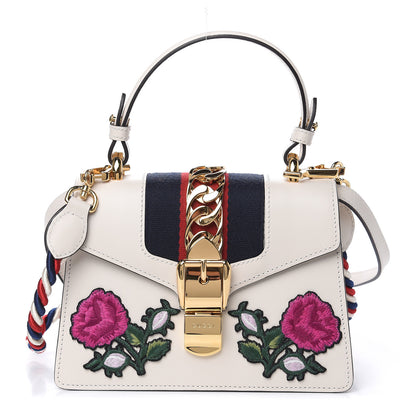 Gucci Calfskin Embroidered Mini Sylvie Top Handle Bag White 1 of 12
