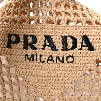 Prada Yarn Raffia Effect Crochet Logo Embroidered Tote Bag Naturale 6 of 9