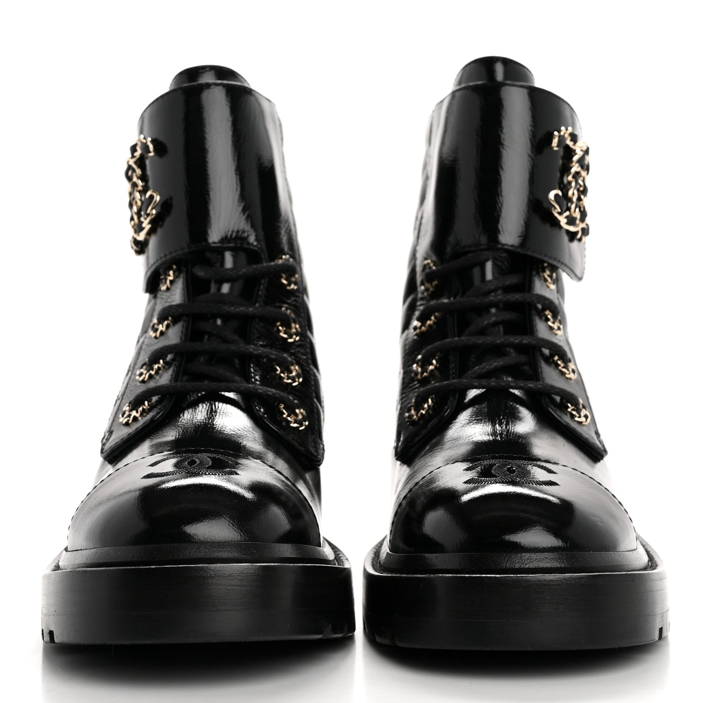 Shiny Calfskin Quilted Lace Up Combat Boots 38 Black