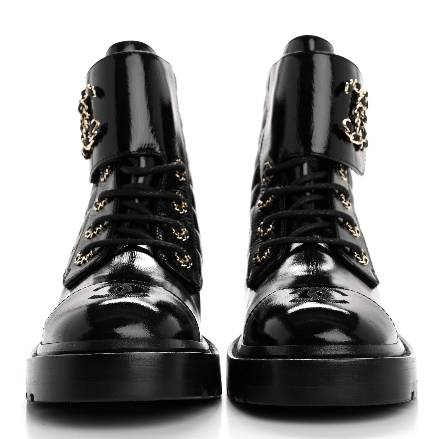 Chanel Shiny Calfskin Quilted Lace Up Combat Boots 38 Black 3 of 10