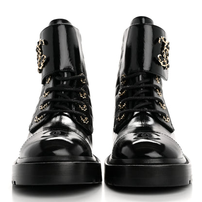 Chanel Shiny Calfskin Quilted Lace Up Combat Boots 38 Black 3 of 10