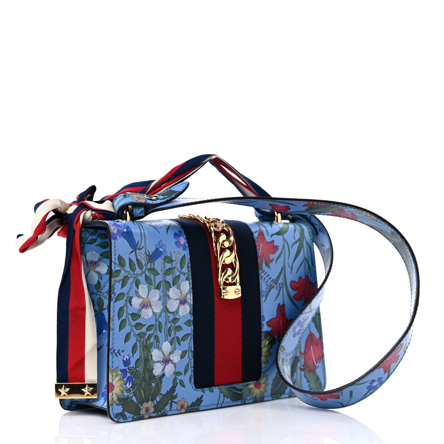 Shangai Calfskin Web New Flora Small Sylvie Shoulder Bag Azure