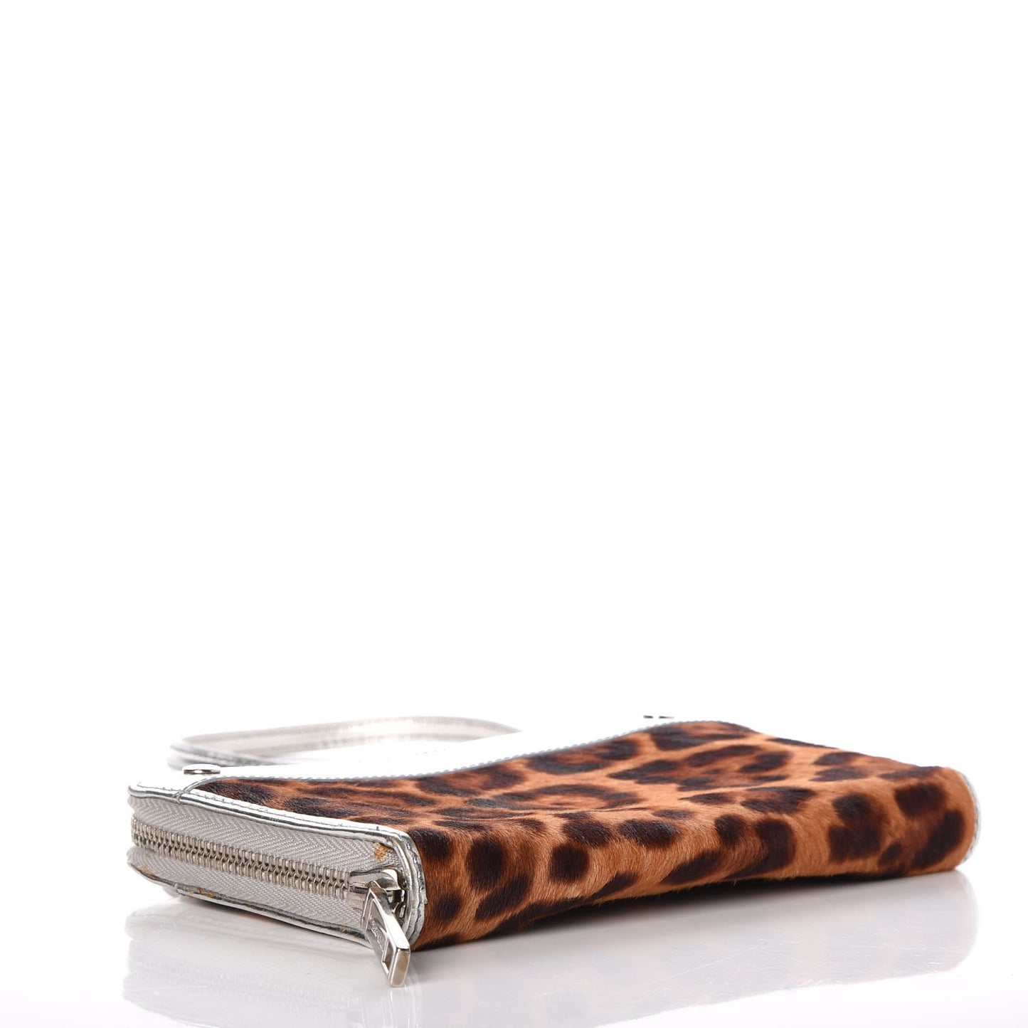 Metallic Patent Calf Hair Zip Around Wallet on Chain Silver Leopard