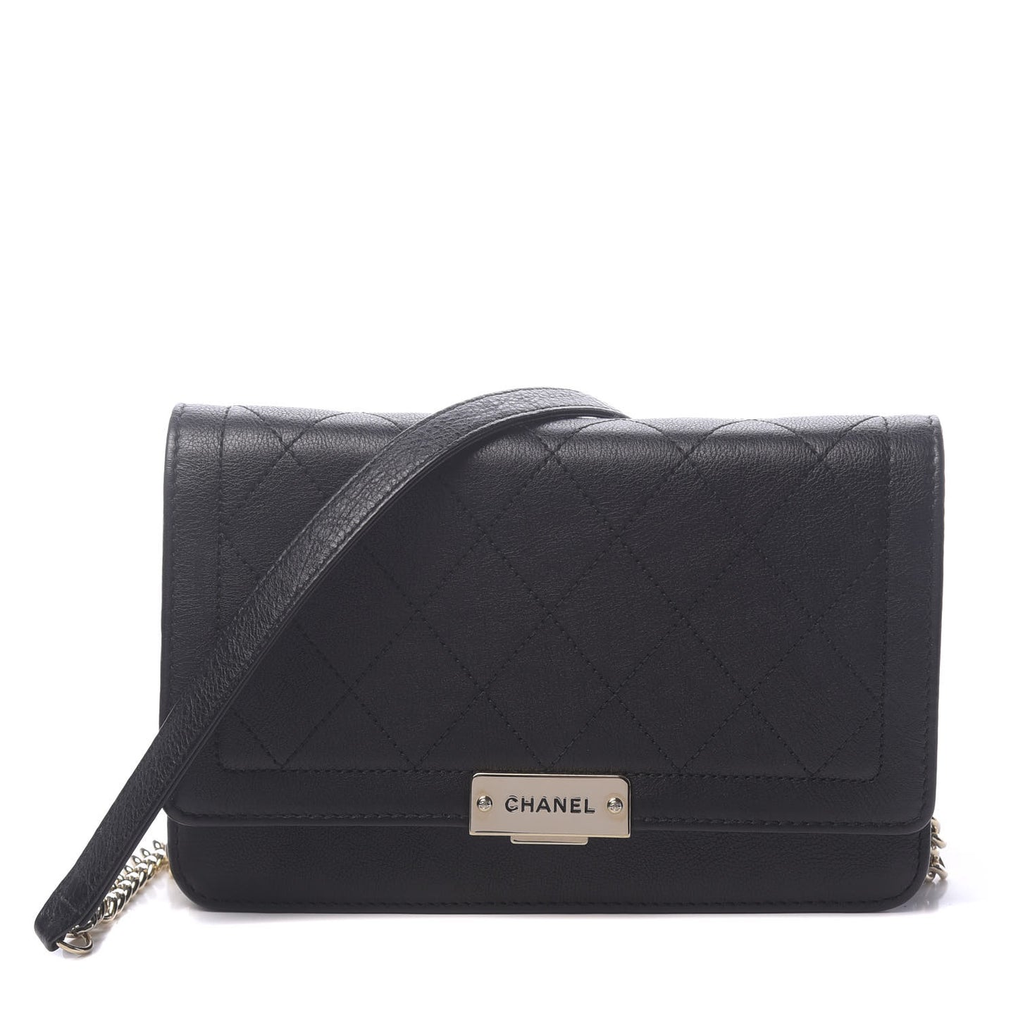 Grained Calfskin Quilted Label Click Flap Wallet On Chain WOC Black