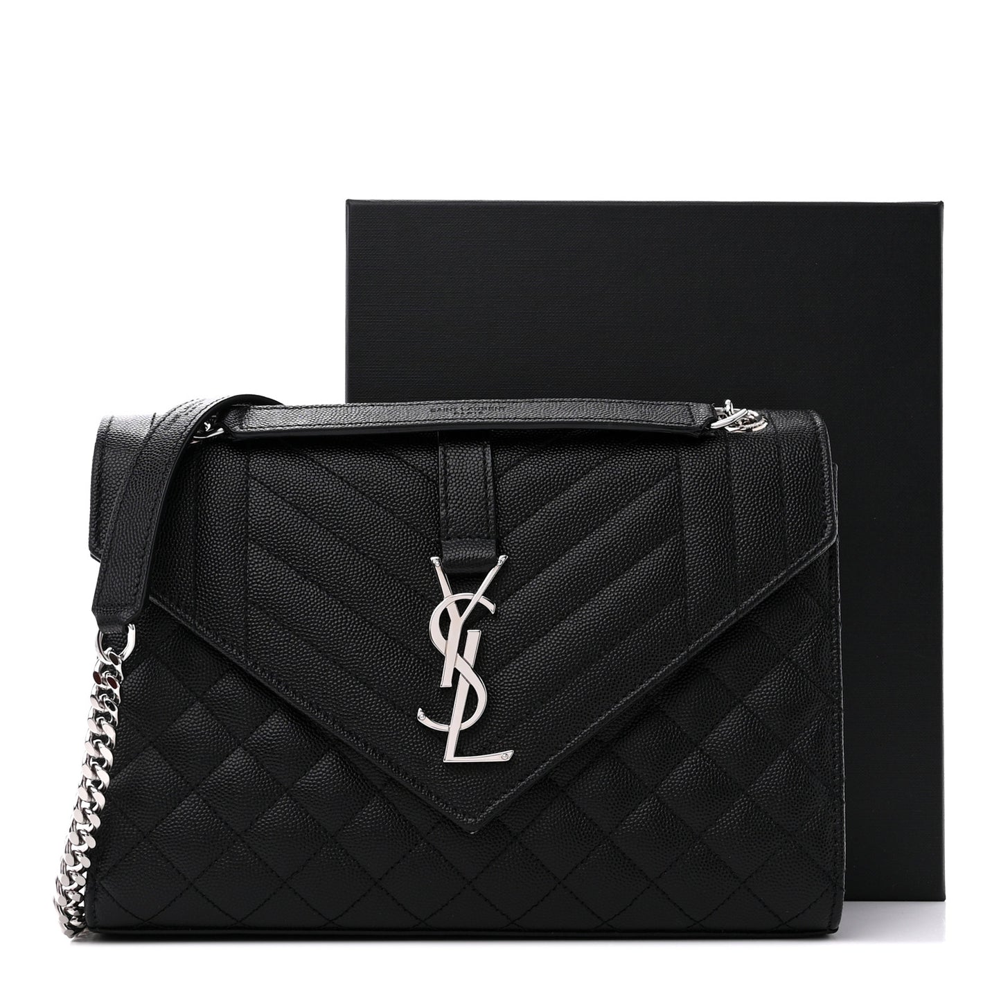 SAINT LAURENT Grain De Poudre Textured Mixed Matelasse Triquilt Medium Monogram Satchel Black