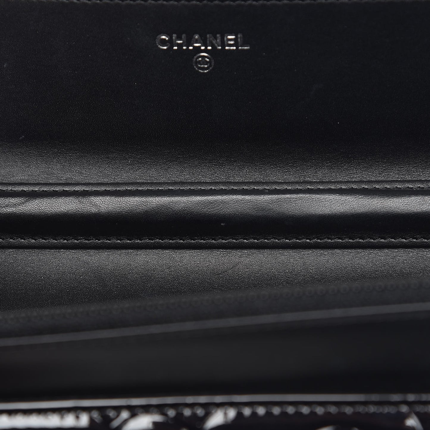 Patent Camellia Embossed Wallet On Chain WOC Black
