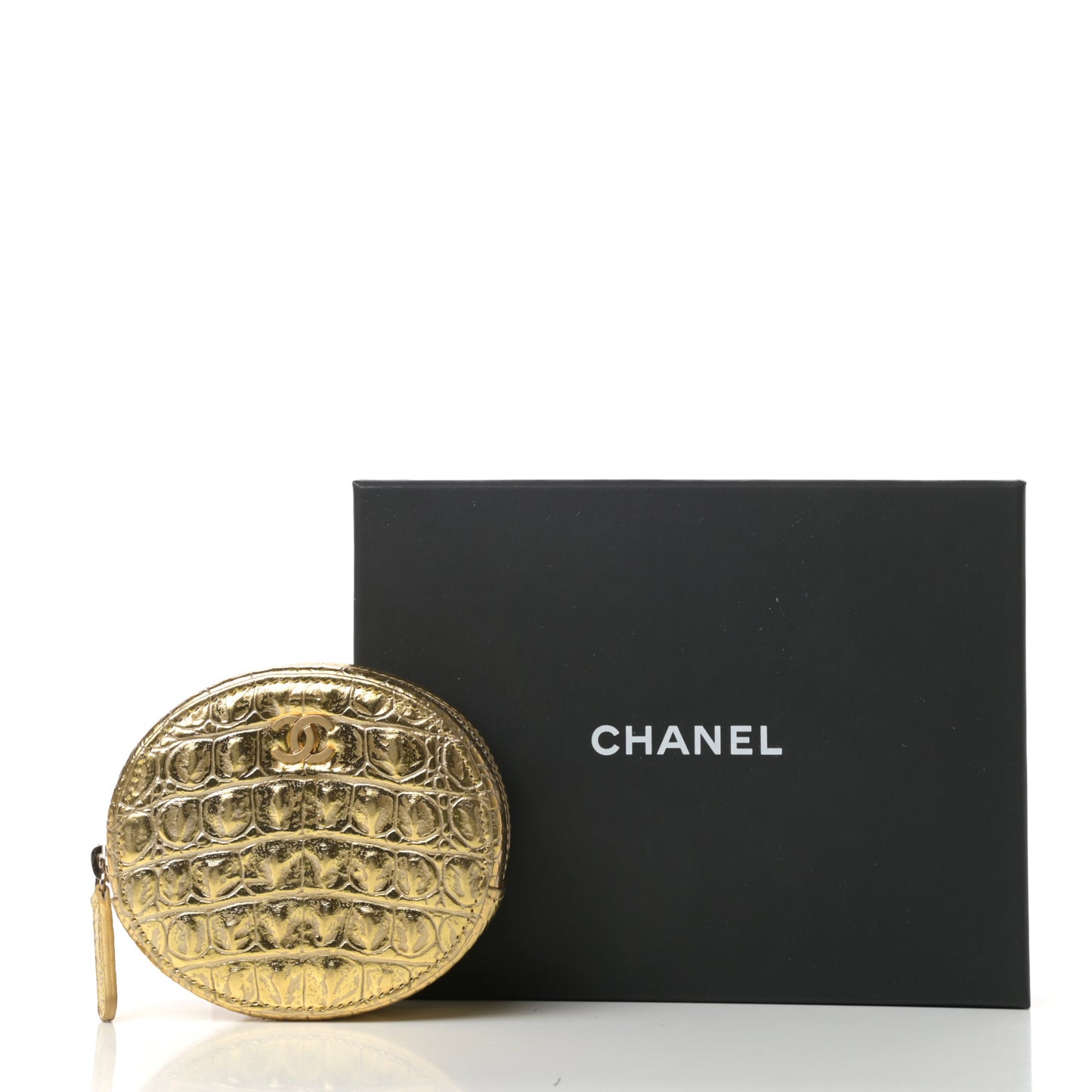 Metallic Calfskin Crocodile Embossed Cocodile Cosmetic Case Gold