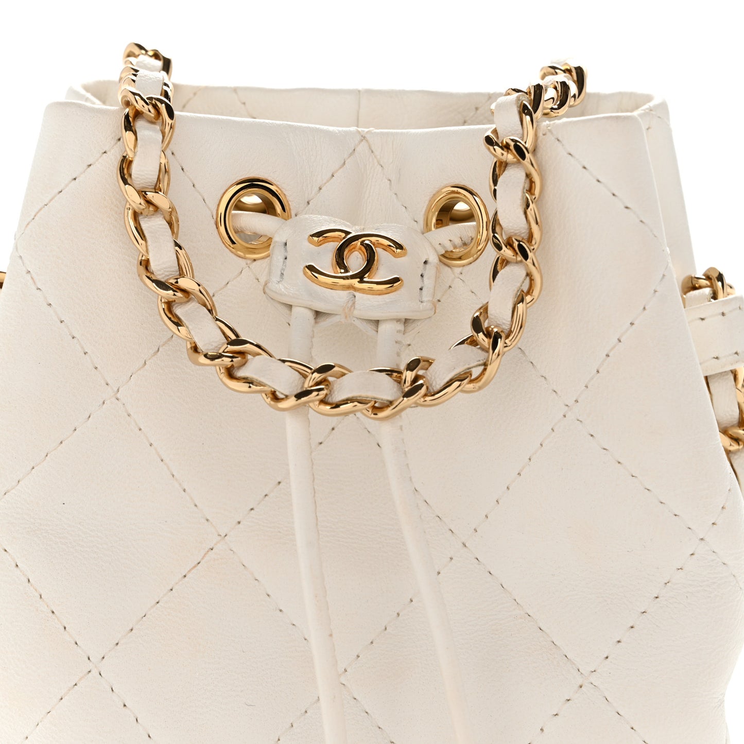 Metal Lambskin Quilted Small Chain Bucket Bag White