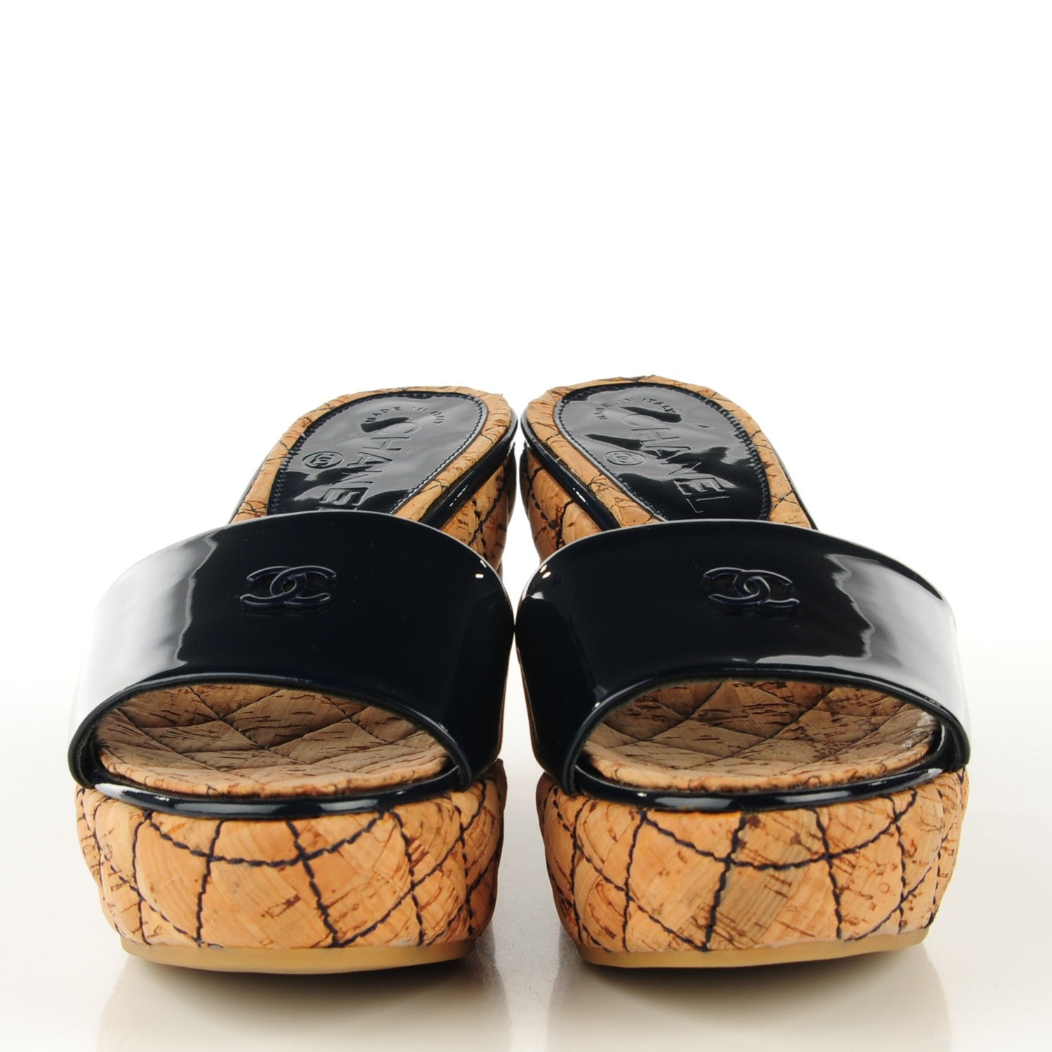 Chanel Patent Cork Quilted CC Wedge Sandals 38 Navy Blue 2 of 8