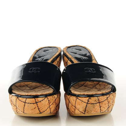 Chanel Patent Cork Quilted CC Wedge Sandals 38 Navy Blue 2 of 8