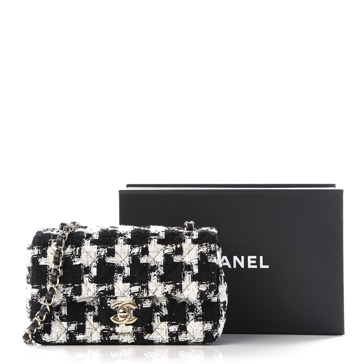 Tweed Quilted Mini Rectangular Flap Black Ecru White