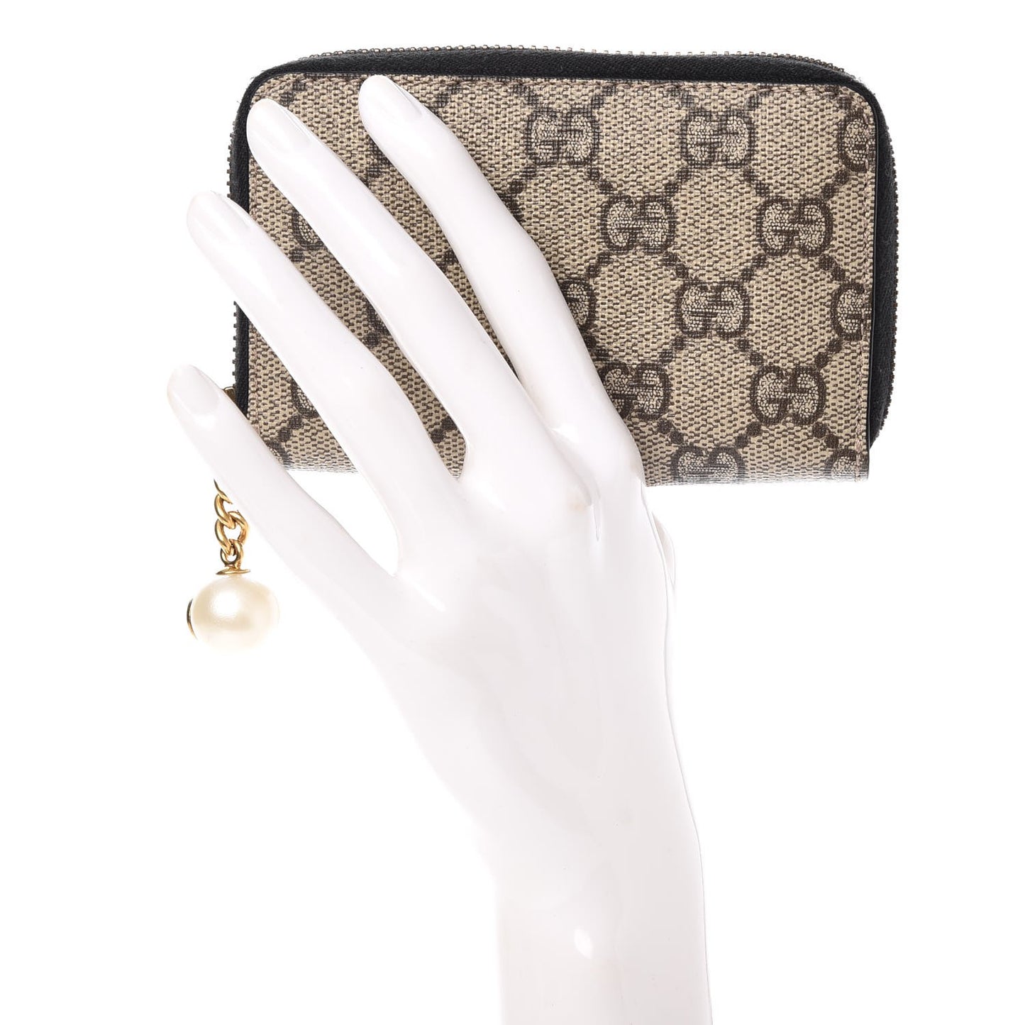 GG Supreme Monogram Pearl Zip Around Card Case Black