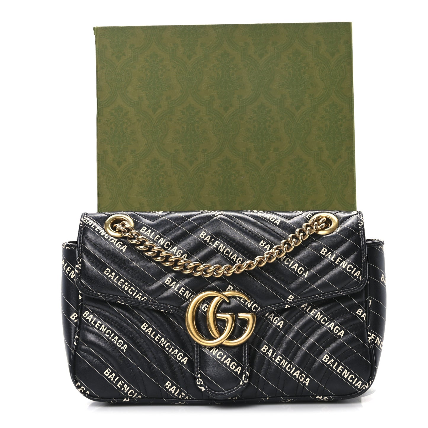 X BALENCIAGA Calfskin Matelasse Logo Print Small GG Marmont Shoulder Bag Black