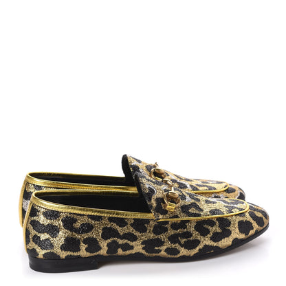 Gucci Jacquard Leopard Print Horsebit Womens Jordaan Loafers 37.5 Gold 4 of 11