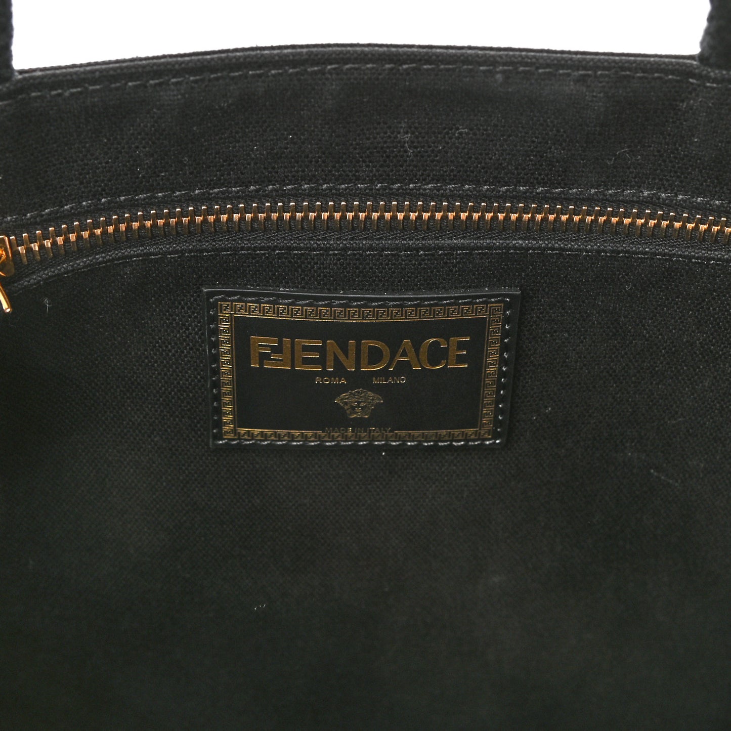 X VERSACE Cotton Canvas Cuoio Romano Fendace Logo Embroidered Signature Shopping Tote Black Gold
