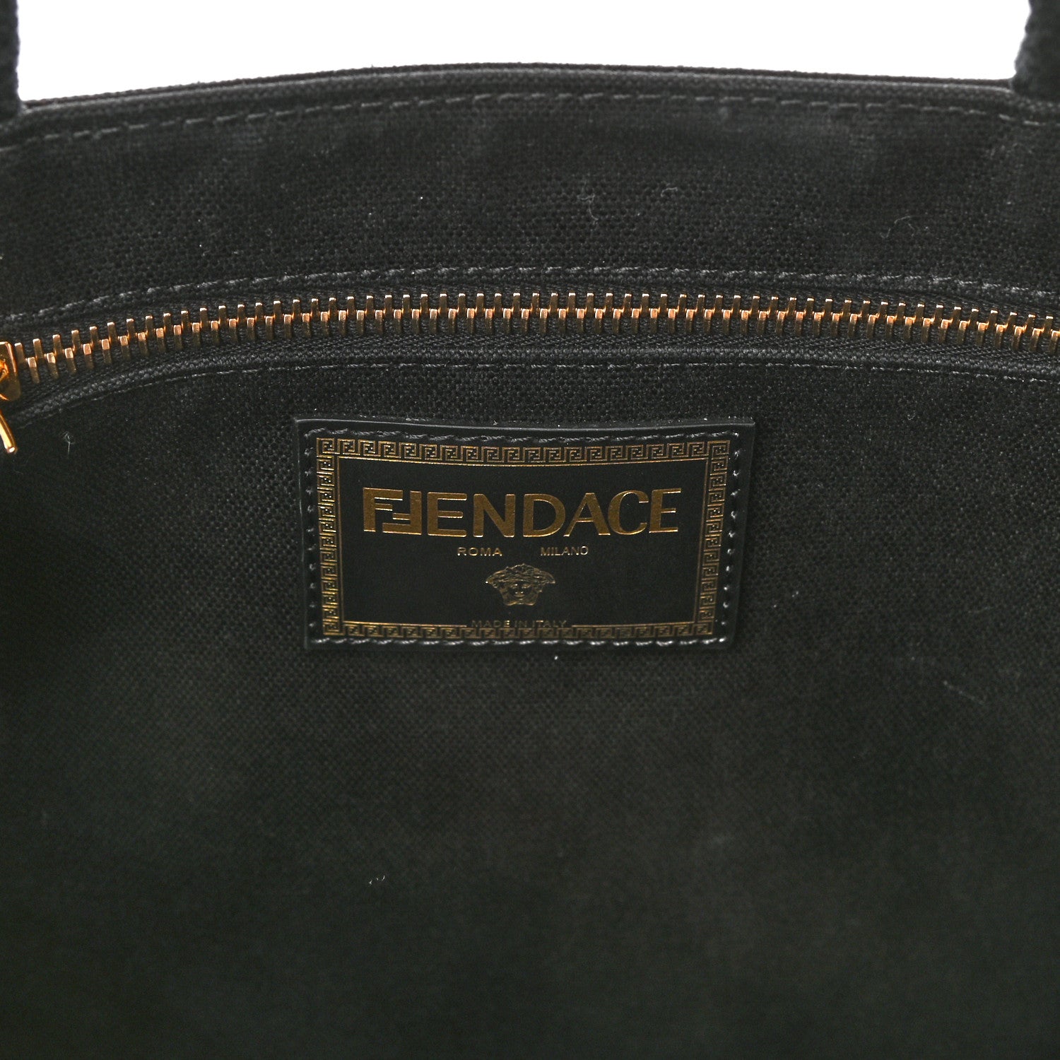 Fendi X VERSACE Cotton Canvas Cuoio Romano Fendace Logo Embroidered Signature Shopping Tote Black Gold 5 of 10