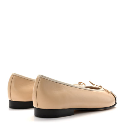 Chanel Lambskin Cap Toe CC Ballerina Flats 37.5 Beige Black 4 of 8