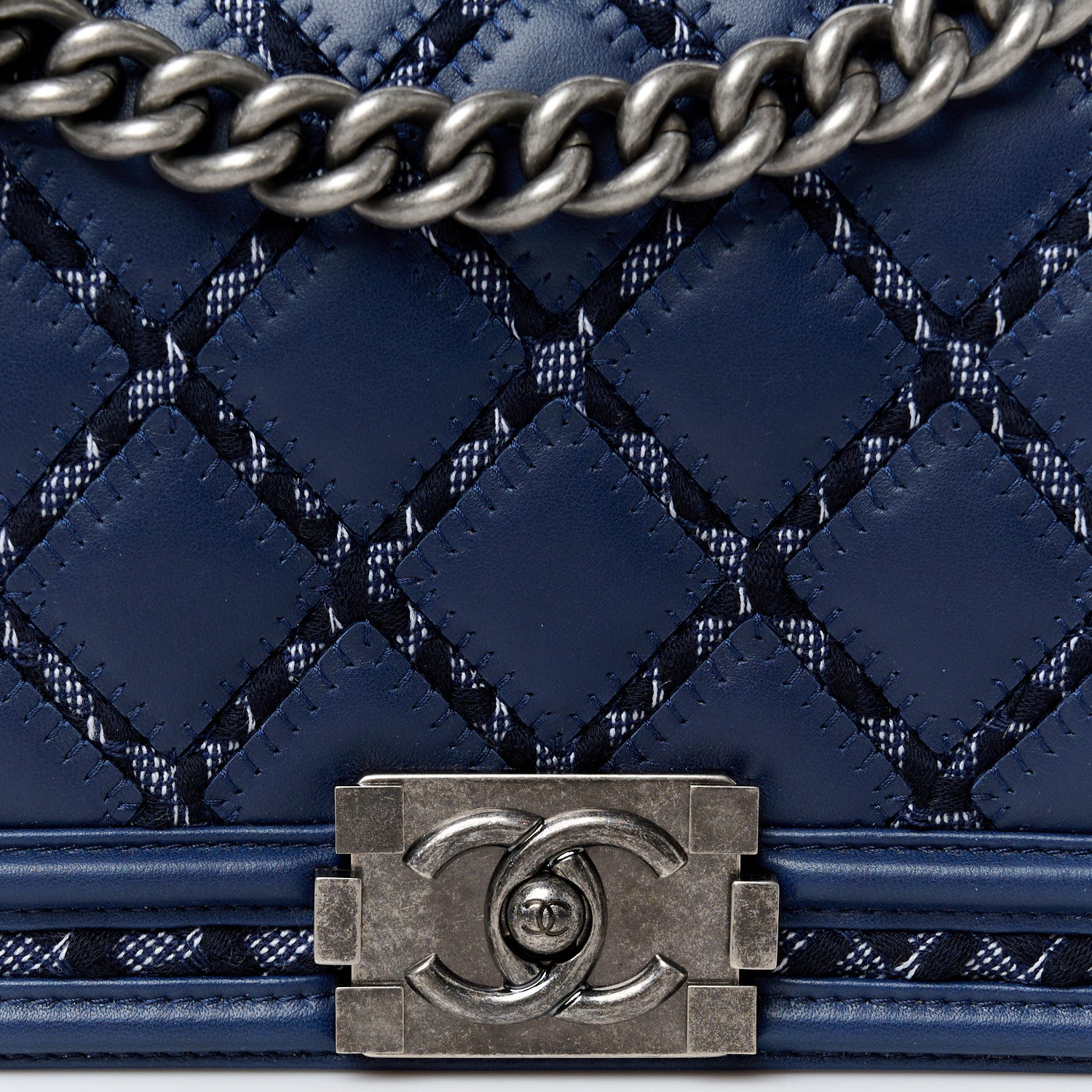 Chanel Lambskin Tweed Double Stitch Medium Boy Flap Navy Blue 8 of 11