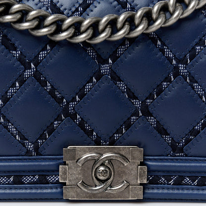 Chanel Lambskin Tweed Double Stitch Medium Boy Flap Navy Blue 8 of 11