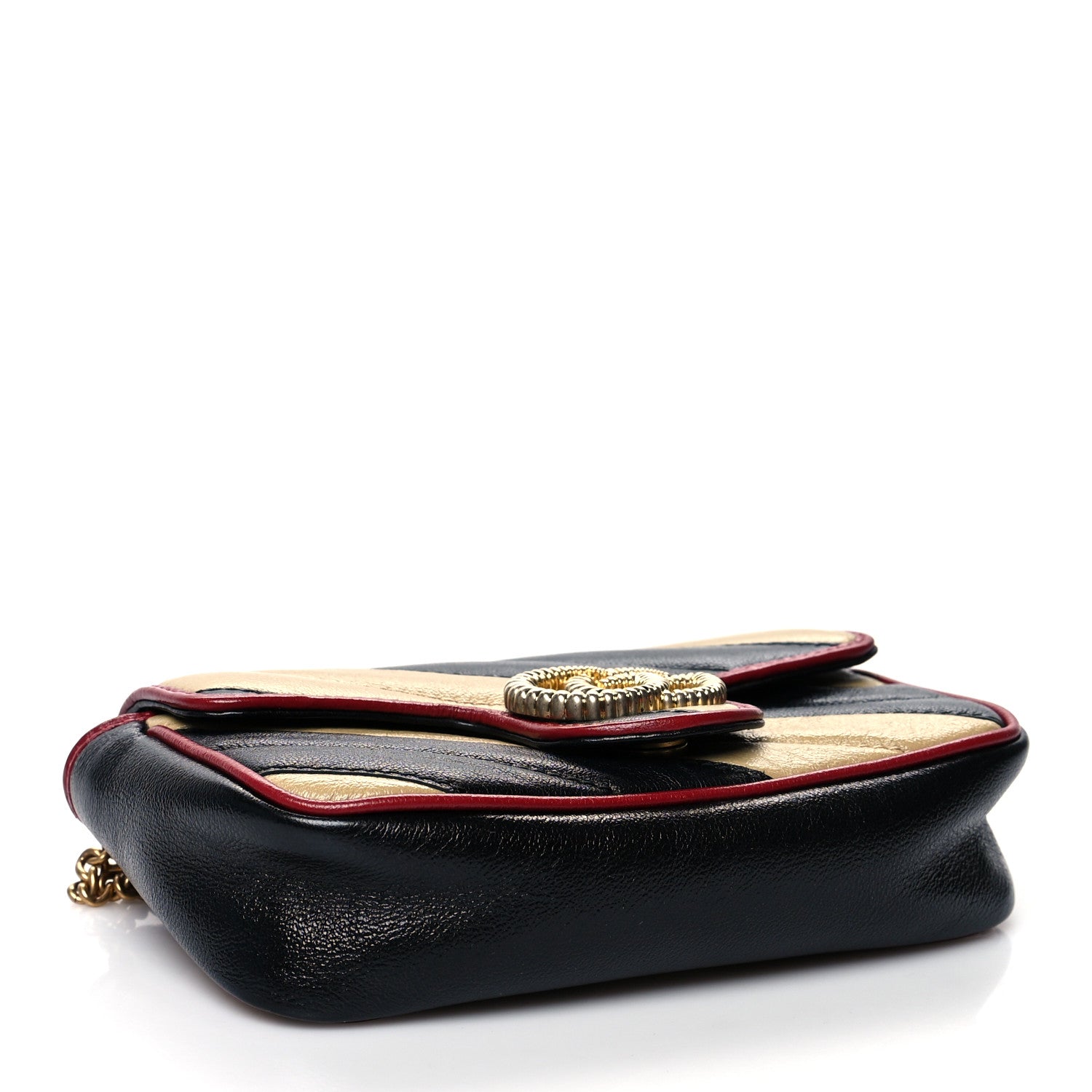 Gucci Vintage Effect Calfskin Matelasse Diagonal Striped Super Mini Torchon GG Marmont Shoulder Bag Black Beige 4 of 10