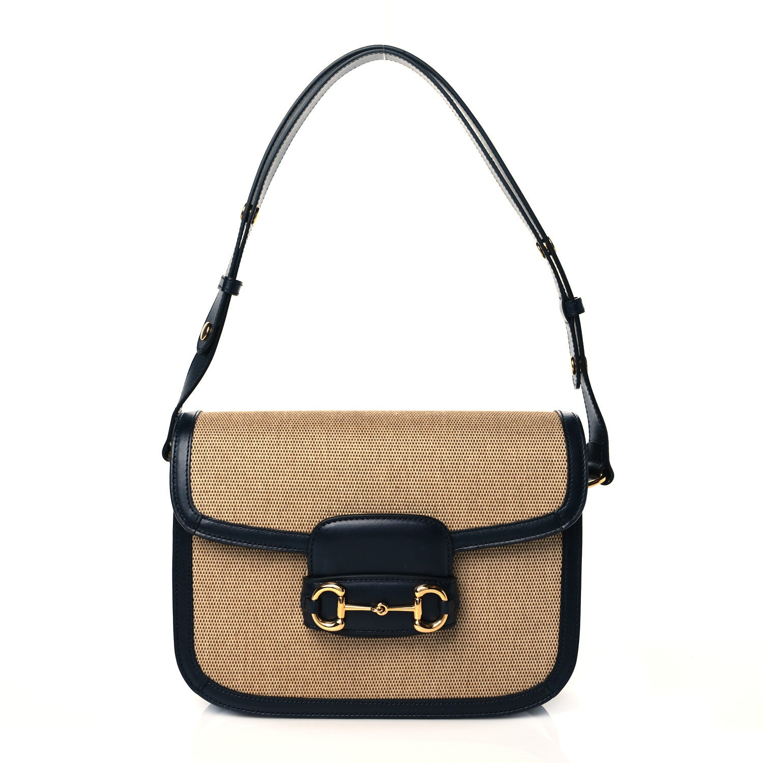 Gucci Vintage Rice Canvas Plutone Calfskin Horsebit 1955 Shoulder Bag Beige Black 1 of 11
