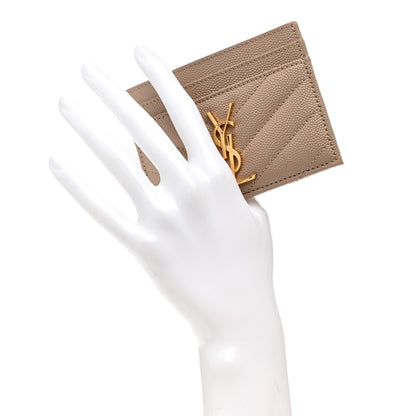 Saint Laurent Grain De Poudre Matelasse Chevron Monogram Credit Card Case Dark Beige 2 of 8