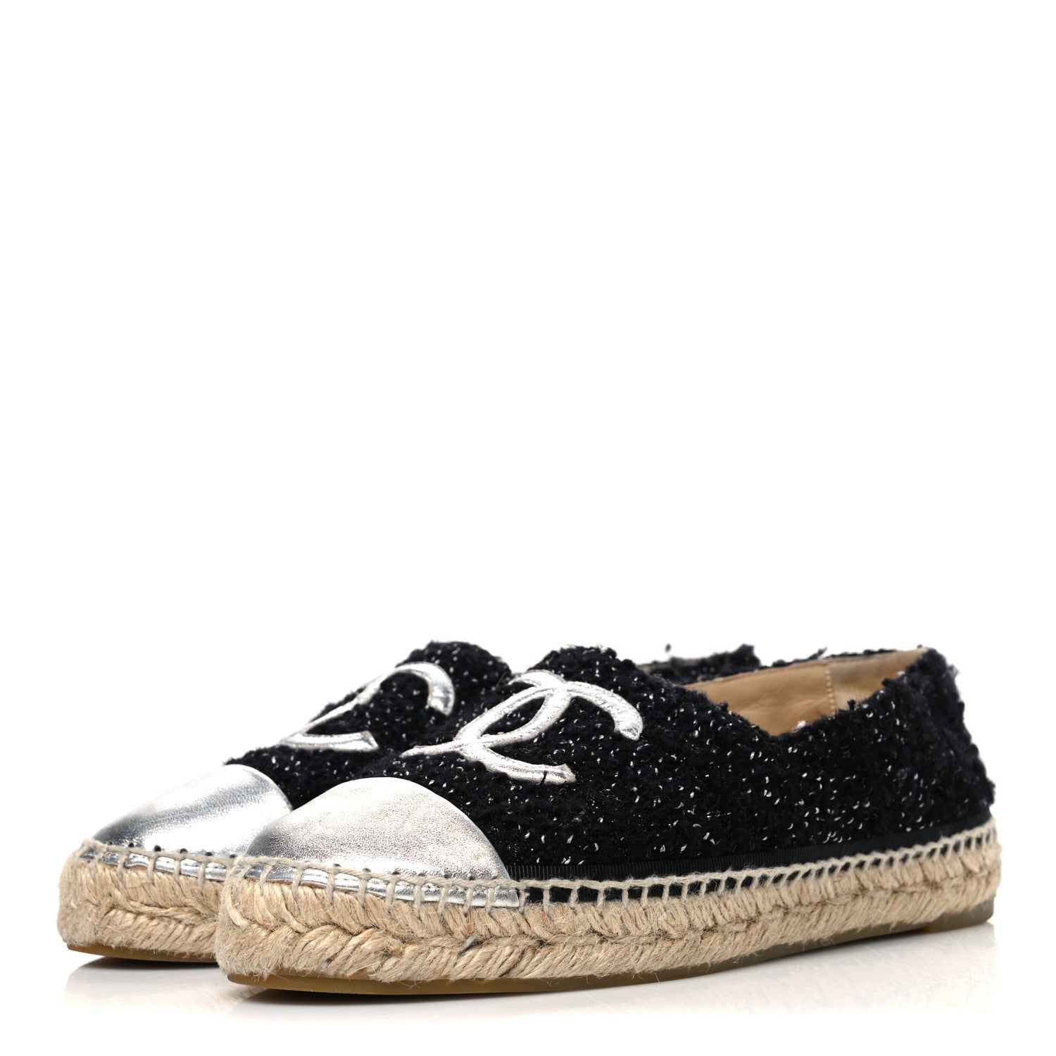 Chanel Metallic Lambskin Tweed CC Espadrilles 37 Black Silver 4 of 11
