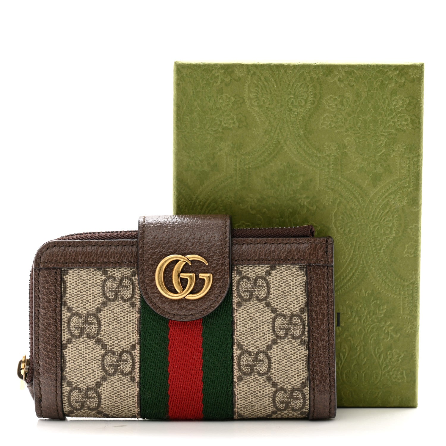 Gucci GG Supreme Monogram Textured Dollar Calfskin Web Ophidia Overlay Zip Around Card Case Wallet Beige Ebony New Acero 9 of 9