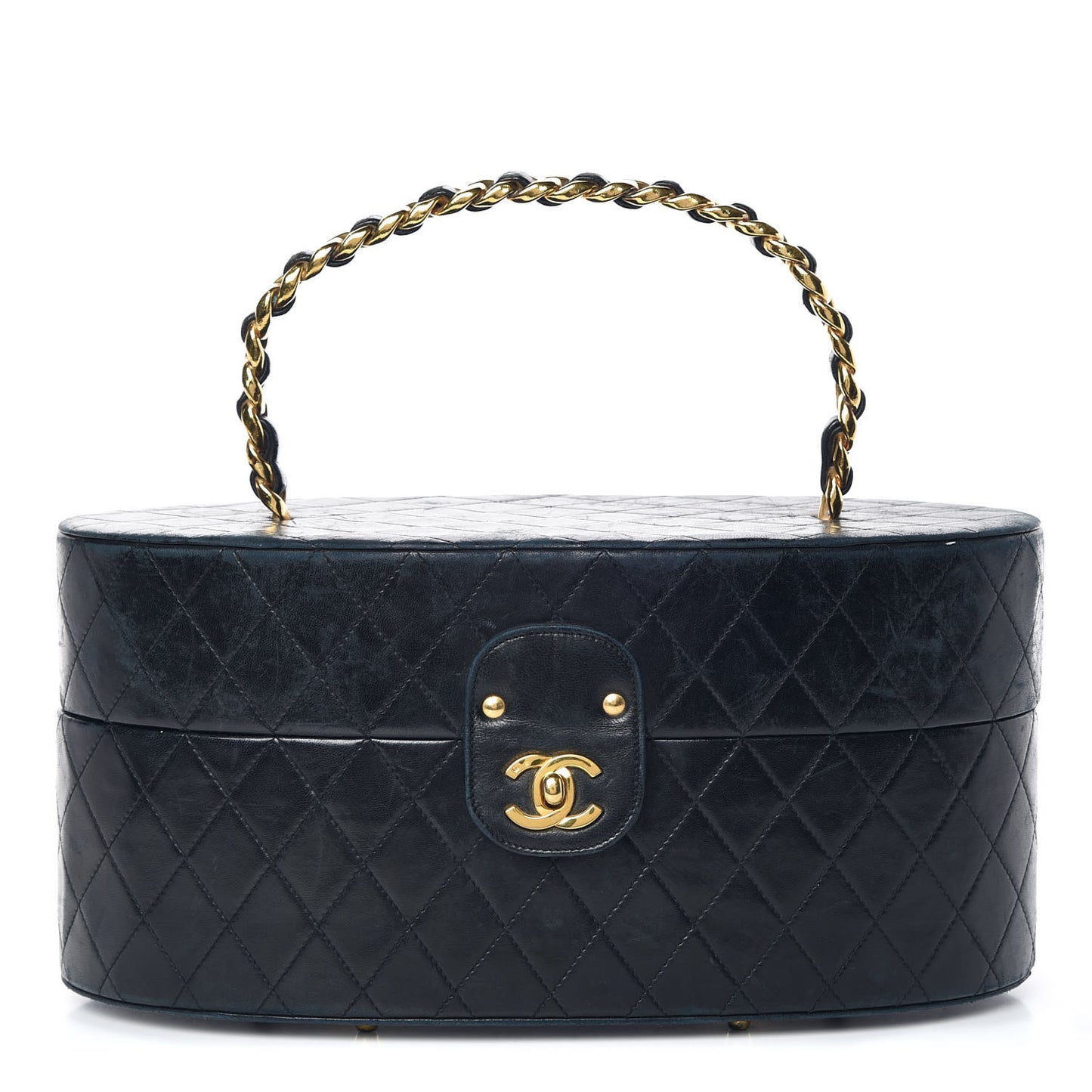 Lambskin Quilted Oval Vanity Train Case Navy