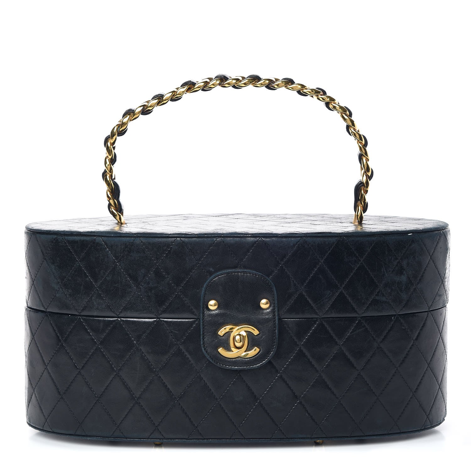 Chanel Lambskin Quilted Oval Vanity Train Case Navy 1 of 22