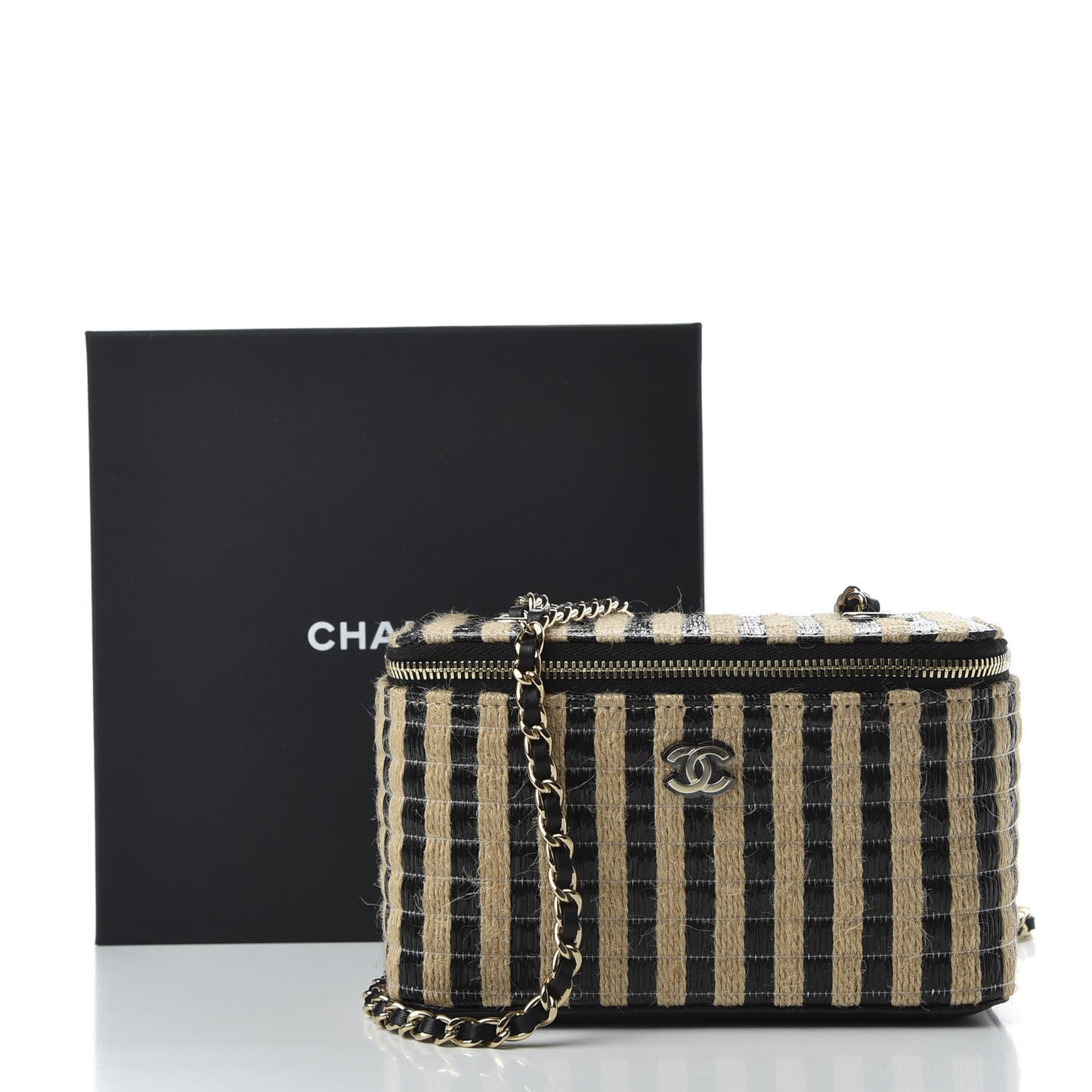 Raffia Jute Striped Small Vanity Case With Chain Black Beige